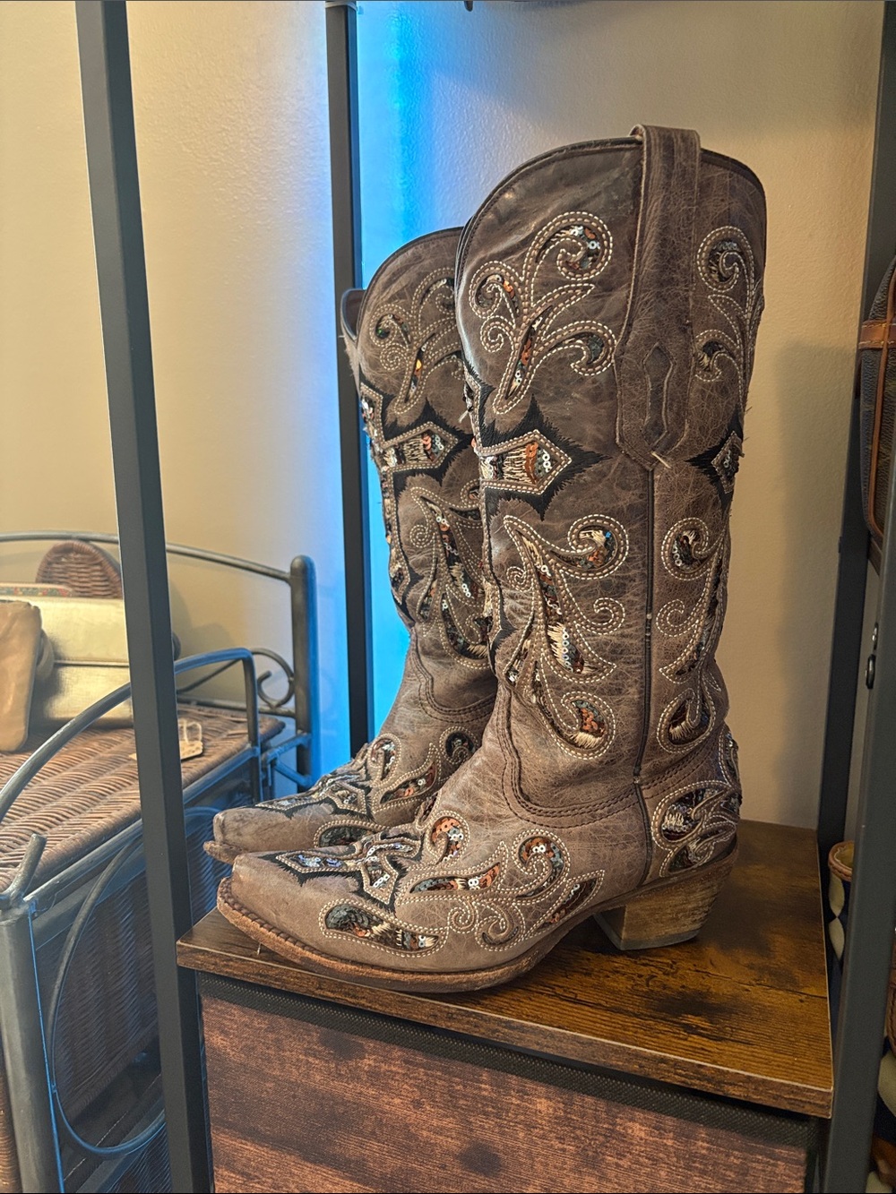 Embellished Brown Western Heeled Cowboy Boots with Cross Detail - Picture 2 of 4